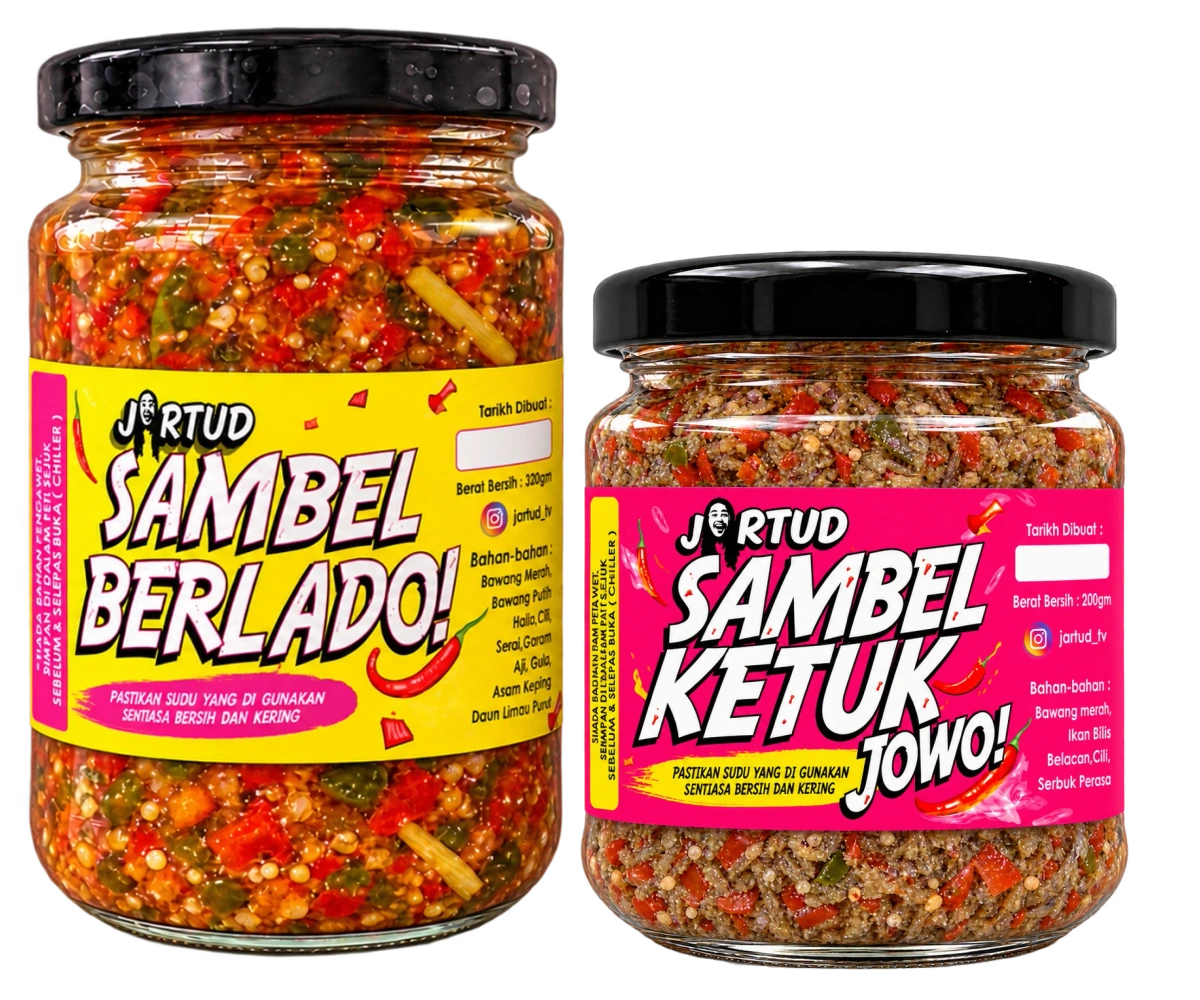 Packaging baharu: Sambel Berlado berlabel kuning dan Sambel Ketuk Jowo berlabel pink